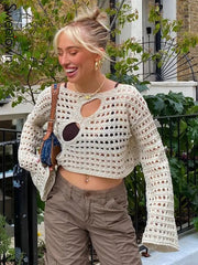 Ingvn - Hot Sell Irregular Hollow Out Knitted Y2K T-Shirts Women Summer Vacation Clothes O Neck Flare Sleeve See Through Casual Tops