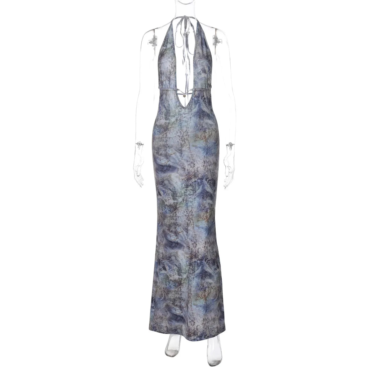 Floral Print Backless Sexy Maxi Dress for Women Fashion Deep V Neck Sleeveless Bodycon Back Slit Evening Long Dress