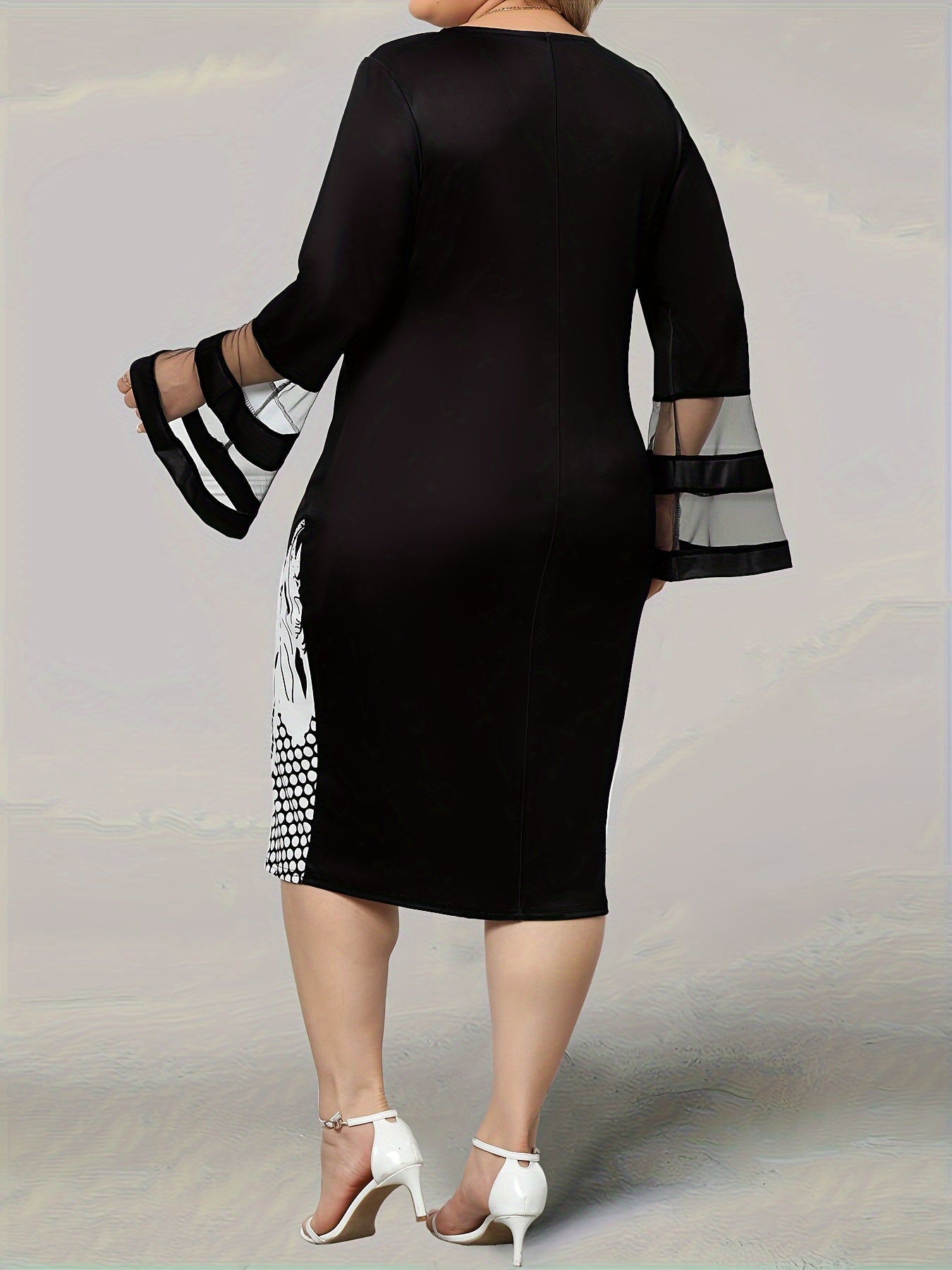 Plus Size Elegant Dress, Women's Plus Floral Print Contrast Mesh Bell Sleeve Round Neck Bodycon Midi Dress