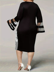 Plus Size Elegant Dress, Women's Plus Floral Print Contrast Mesh Bell Sleeve Round Neck Bodycon Midi Dress