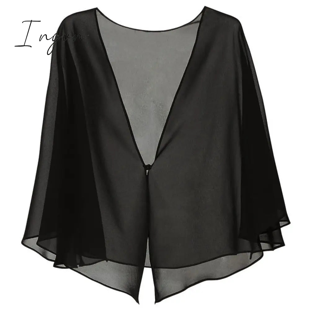 Ingvn - Womens Fashion Women Black Chiffon Bolero Prom Party V-neck with Button Shrug Elegant Simple Soft Casual Cape for Lady Evening Dress Red White
