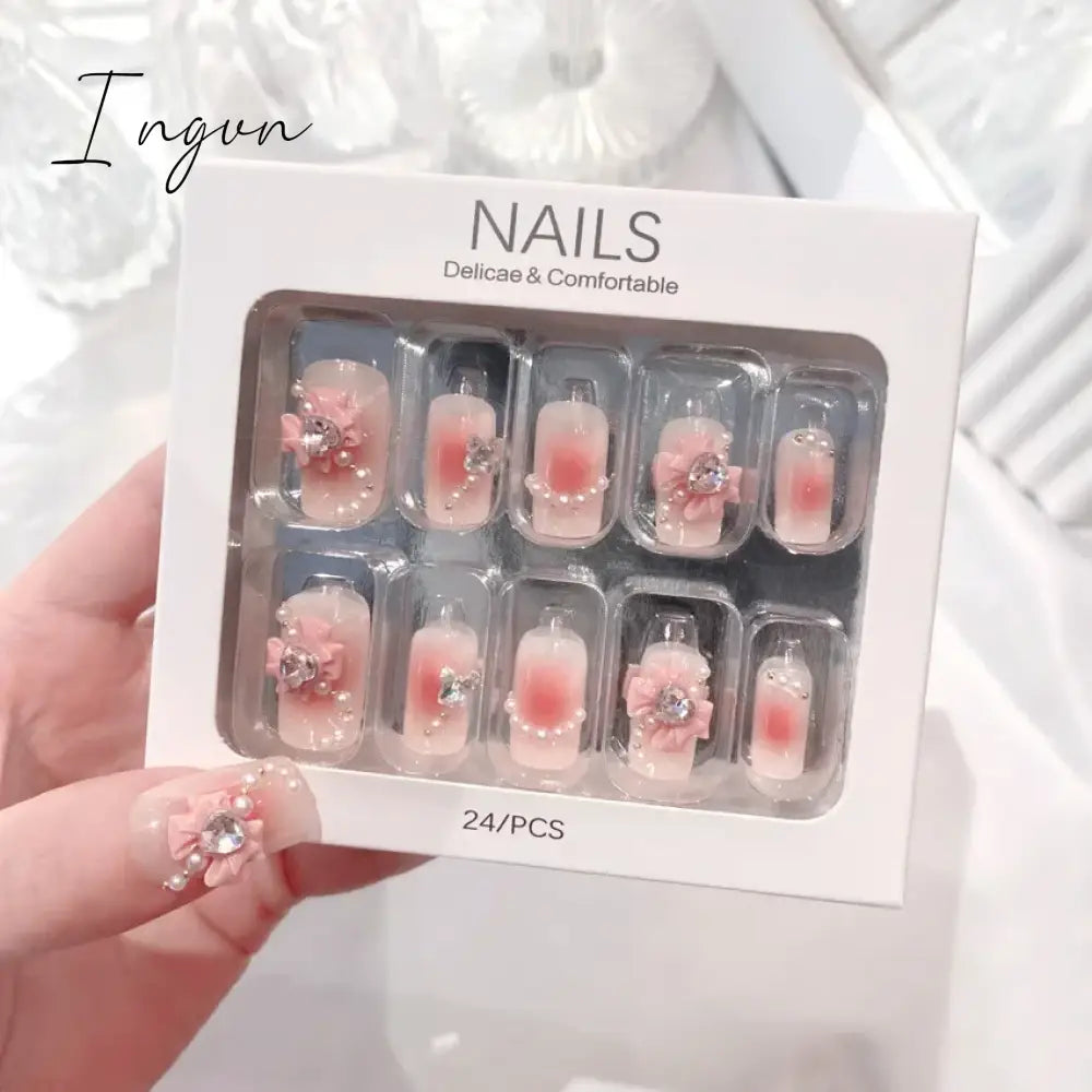 24PCS/Set Long Oval False Nails 3D Heart Sparkling French Press On Nails Pink Full Cover Fake Nail Crystal Gem Design Nails Tips