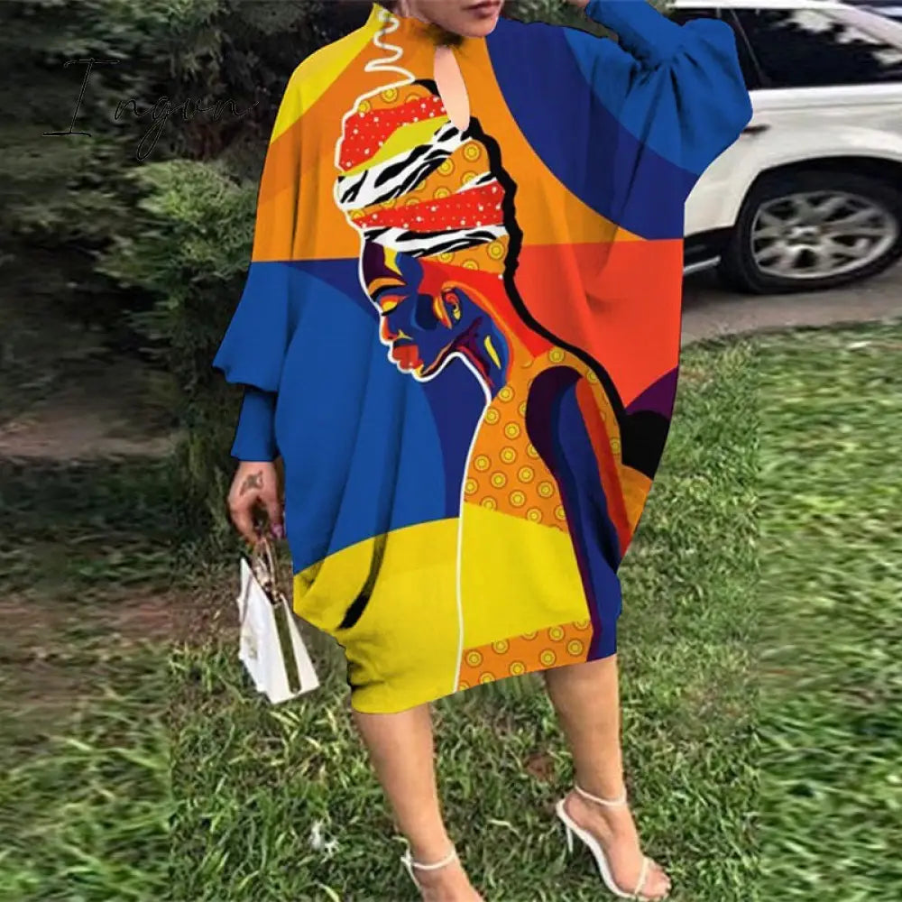 Ingvn - Autumn Fashion Streetwear Women Loose Dress Casual Printed Long Sleeves Sexy Hollow Out O Neck Irregular Dresses Elegant Women's