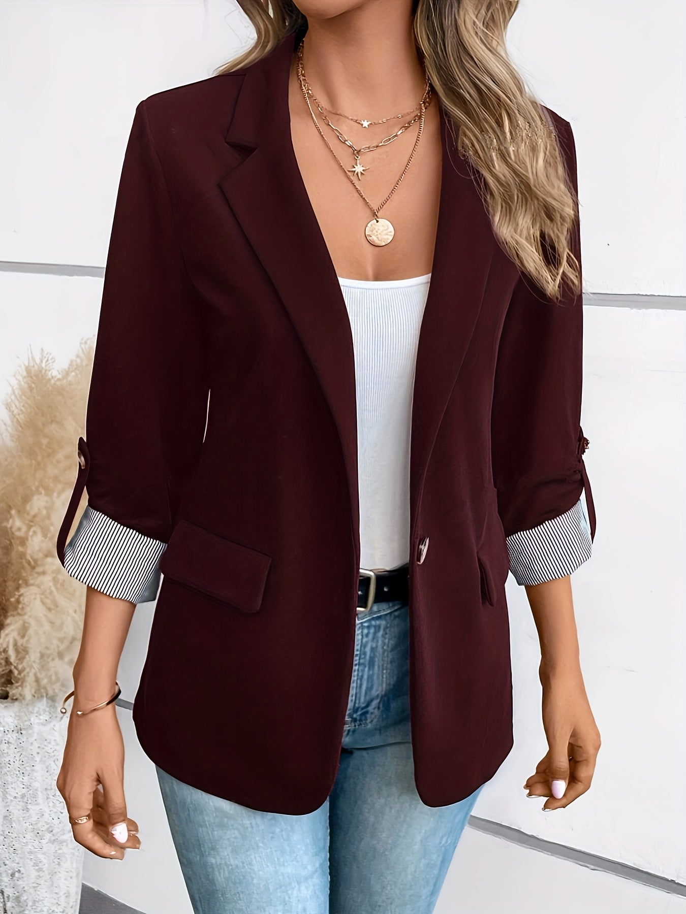 Single-Breasted Label Neck Blazer, Elegant Long Sleeve Blazer For Office & Work, Women's Clothing