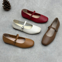 Mary Jane Genuine Leather Single-layer Shoes Spring and Summer Artistic Casual Buckle Flat Soft Cowhide Simple Women's Shoes