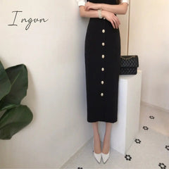 Ingvn - Summer Outfits Dress Women Fashion Peter Pan Collar Puff Sleeve Single Breasted Slim Long Vestidos Korean Chic Robe Elegant Female