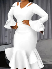 Ingvn - Women Bodycon Party Dress Long Flare Sleeves Cold Shoulder Ruffles Bowtie Elegant Slim Evening Birthday Event Robes Female 4XL