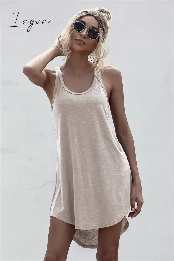 Ingvn - Solid Casual O-neck Sleeveless Tank Dress Women Loose Off Shoulder Asymmetrical Cotton Mini Dress