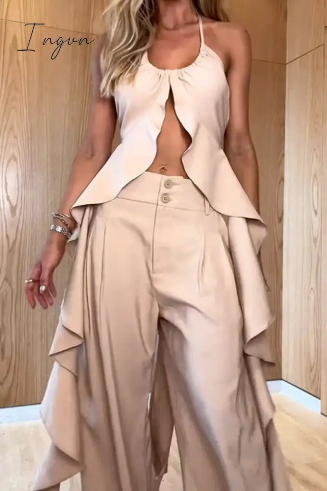 Ingvn - Sexy Solid Backless Flounce U Neck Sleeveless Two Pieces