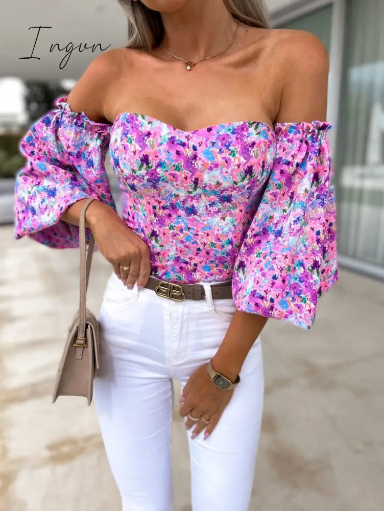 Ingvn - Summer Sexy Off The Shoulder Blous Women Fashion Slash Neck Tube Top Floral Puff Sleeve Blouse Women
