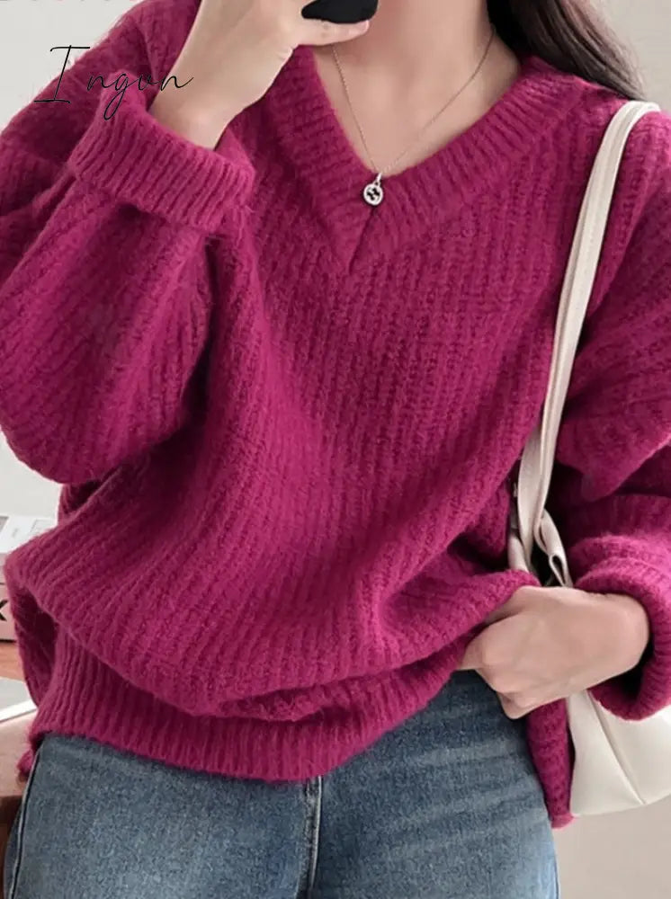 Ingvn - Green Oversized Sweaters for Women Fall Winter 2023 Korean Fashion Long Loose Pullovers V Neck Long Sleeve Jumpers
