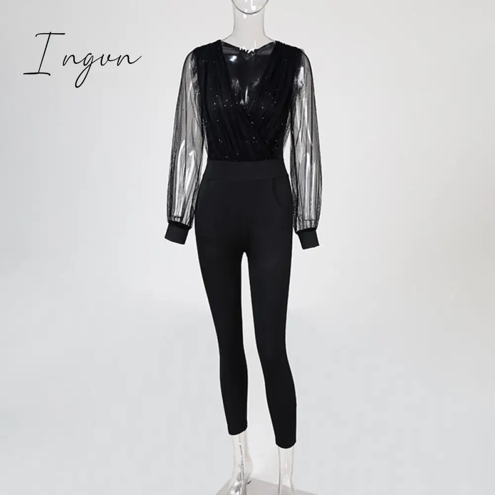 Ingvn - Rompers Womens Jumpsuit Black Elegant Sequins Mesh Glitter Party Night Sexy Spring Long Pants One Piece Clothes Overalls