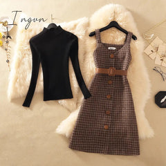 Ingvn - Valentine's Day gift for women Fashion Streetwear Two Piece Dress Women Autumn Winter Sweater wool Knee-Length Dresses With belt plus size Elegant party Dress vestidos