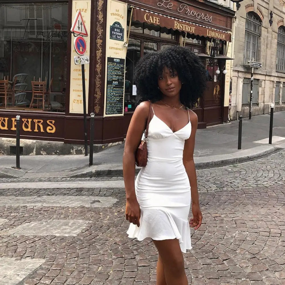 Ingvn - Spaghetti Straps Ruffles Mini Dress Club Party Elegant Sleeveless Slip Women's Summer Sundress Outfits Holiday
