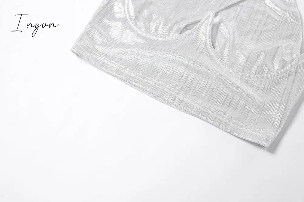 Ingvn - Sexy Bright Women 2-Piece Suits Criss Cross Halter Camisole Tops+Skinny Split Pants Sportswear Female Night Clubwear