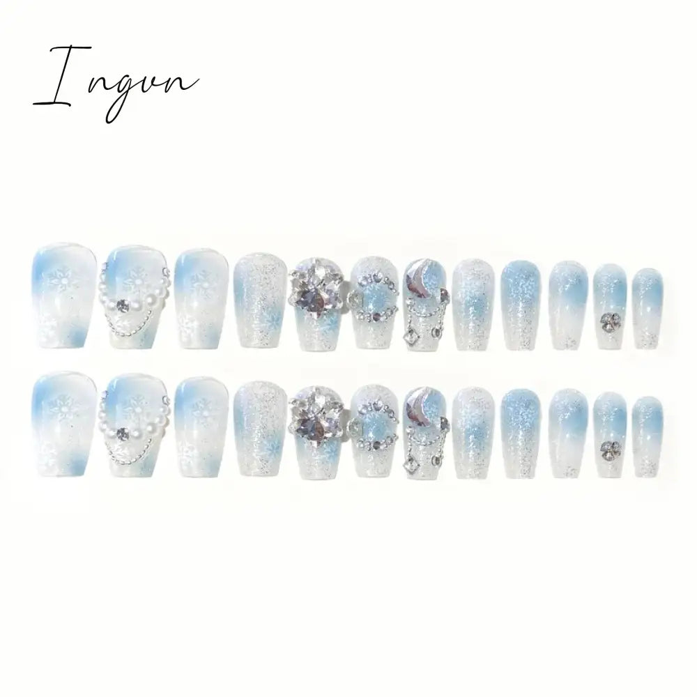 Handmade Press on Nails Long Ballet Blue Fake Nails with 3D Snowflake Moon Rhinestone Design False Nails Full Cover Nail Tips