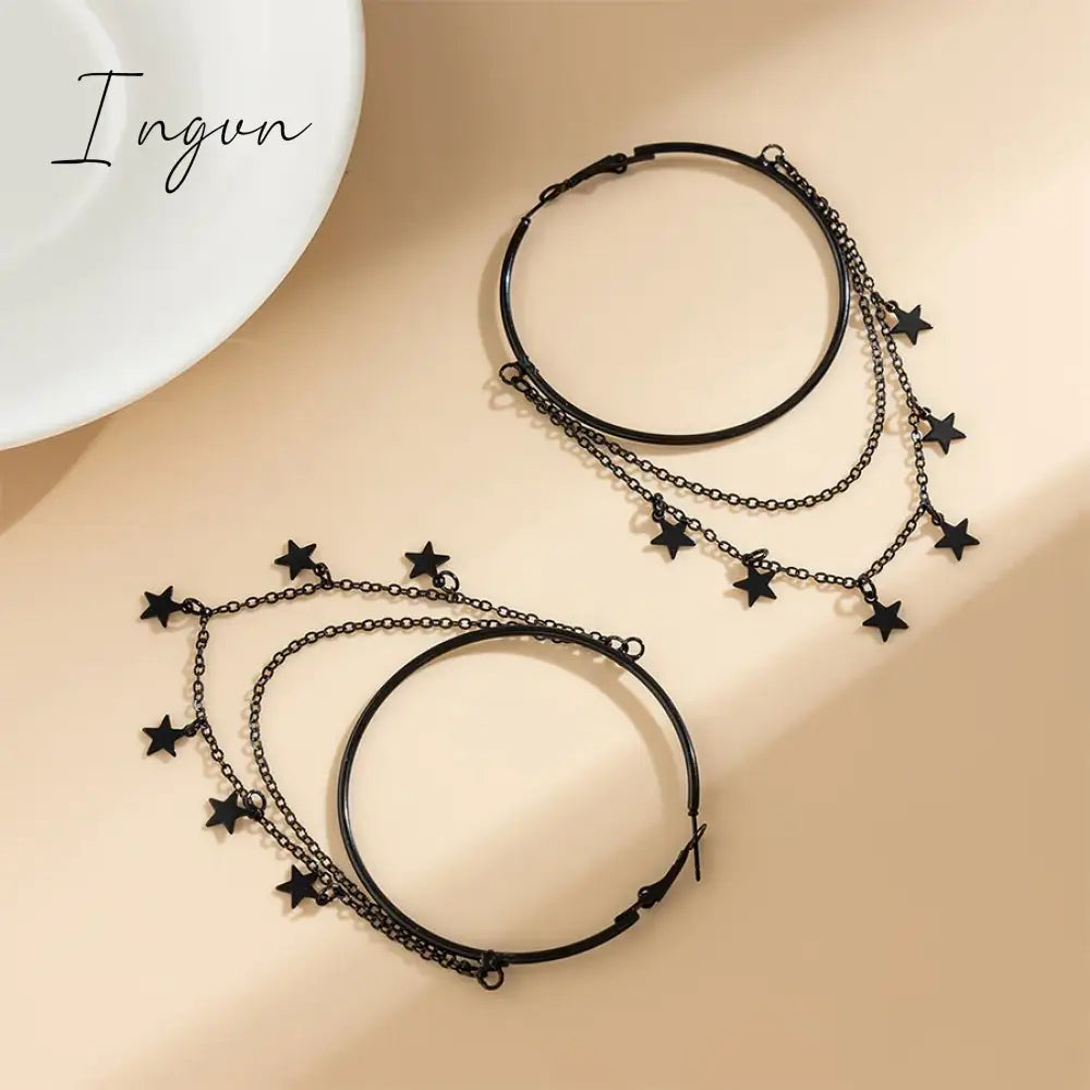 Punk Gothic Black Five-pointed Star Tassel Hoop Earrings for Women Niche Design Party Jewelry Cosplay Gifts
