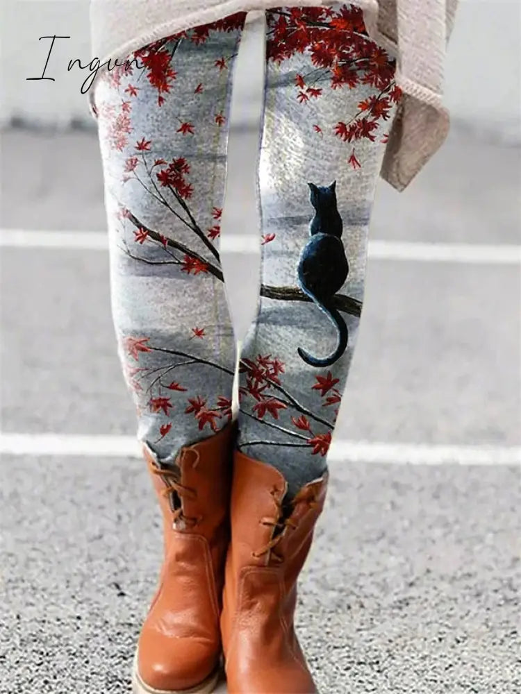 Ingvn - Women's Tights Leggings Black White Burgundy Fashion Halloween Leisure Sports Weekend Print Stretchy Full Length Tummy Control Cat S M L XL XXL