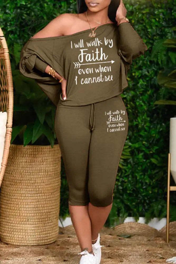 Ingvn - Pink Plus Size Casual Letter Patchwork Draw String Printing One Shoulder Plus Size Two Pieces