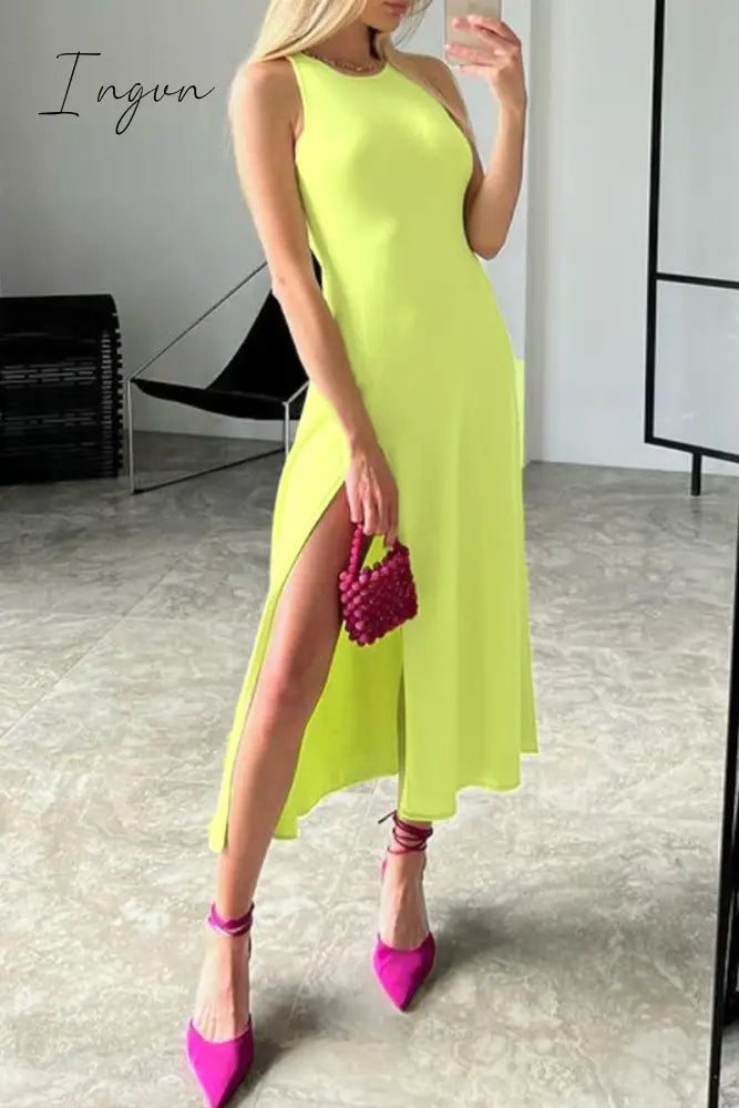 Ingvn - Sexy Solid Slit O Neck Sleeveless Dress Dresses