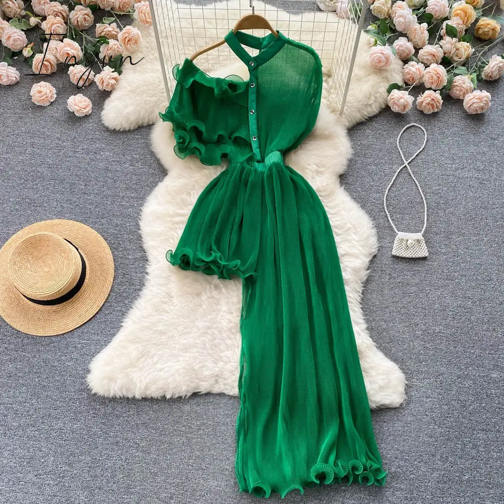 Ingvn - Summer Women Sexy Irregular Dress Elegant Female Ruffle Off Shoulder Slim High Waist Vestidos Green/White/Pink Robe New Fashion