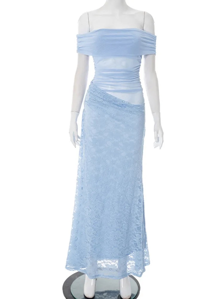 Off-shoulder Strapless Sexy Maxi Dress Women Summer Fashion Sleeveless Backless Lace See Through Club Party Long Dress