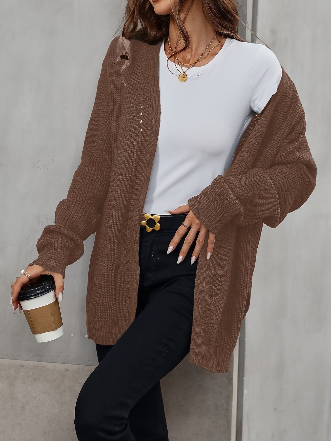 Solid Color Open Front Cardigan, Casual Long Sleeve Cardigan For Fall & Winter, Women's Clothing
