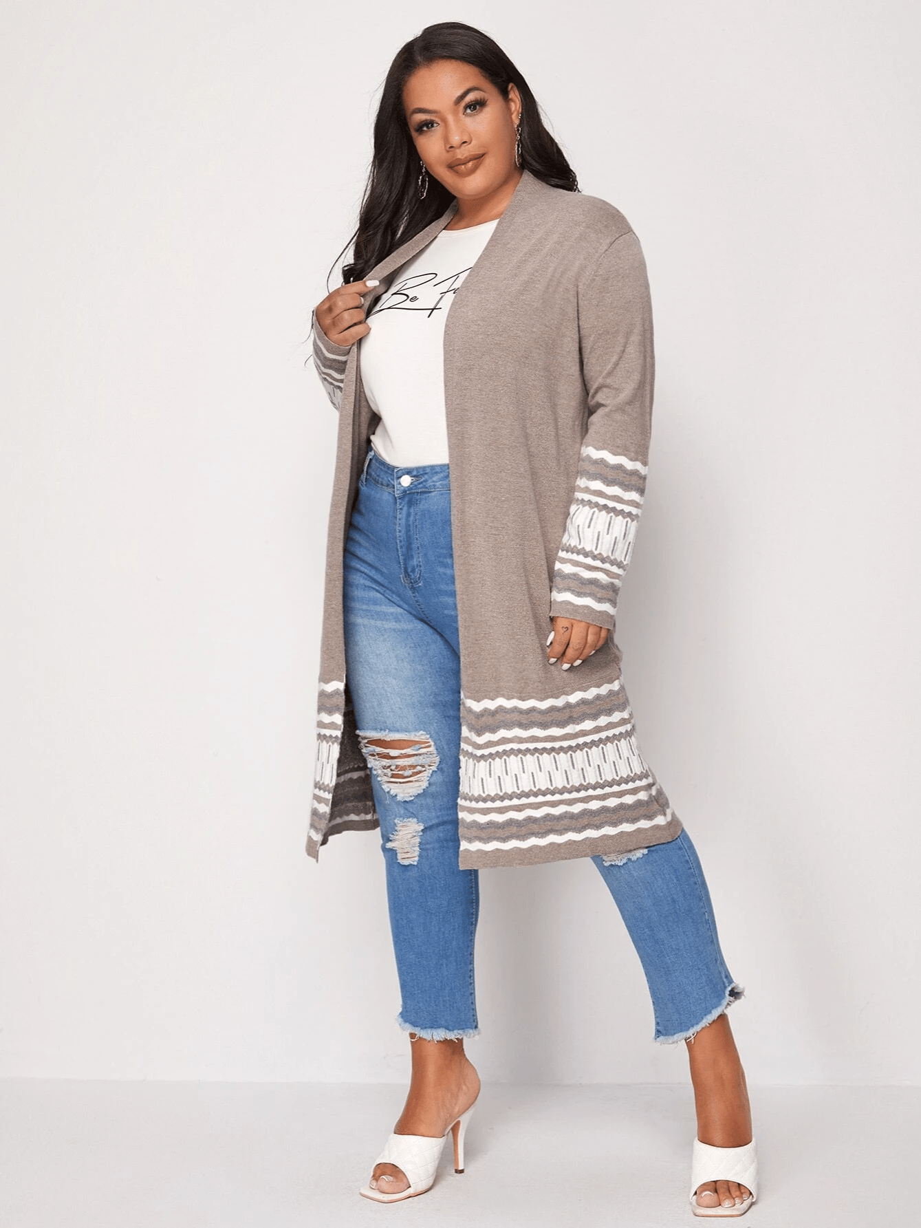 Women's Plus Size Long Casual Colorblock Knit High Stretch Sweater Cardigan