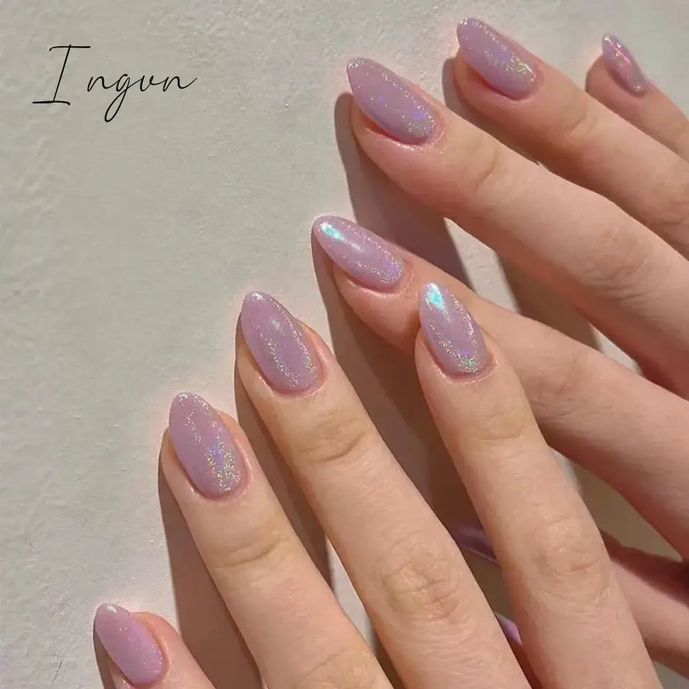 24pcs Short Glitter Purple False Nails  Almond Stiletto French Wearable Fake Nails Art Artificial Full Cover Press on Nail Tips