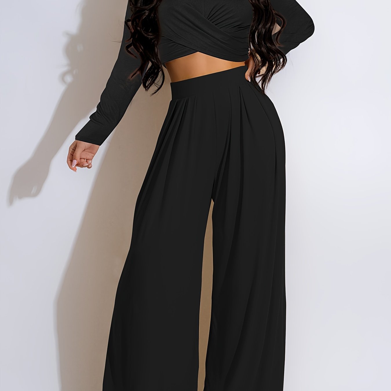Chic Solid Twist Front Crop Top & Wide Leg Pants Set - Effortlessly Stylish Two-piece Outfit for Women - Casual Everyday Wear