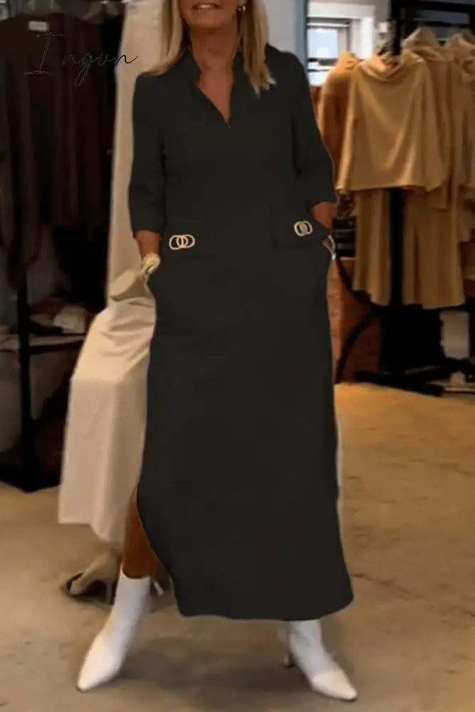 Ingvn - Elegant Simplicity Solid Pocket Turndown Collar One Step Skirt Dresses