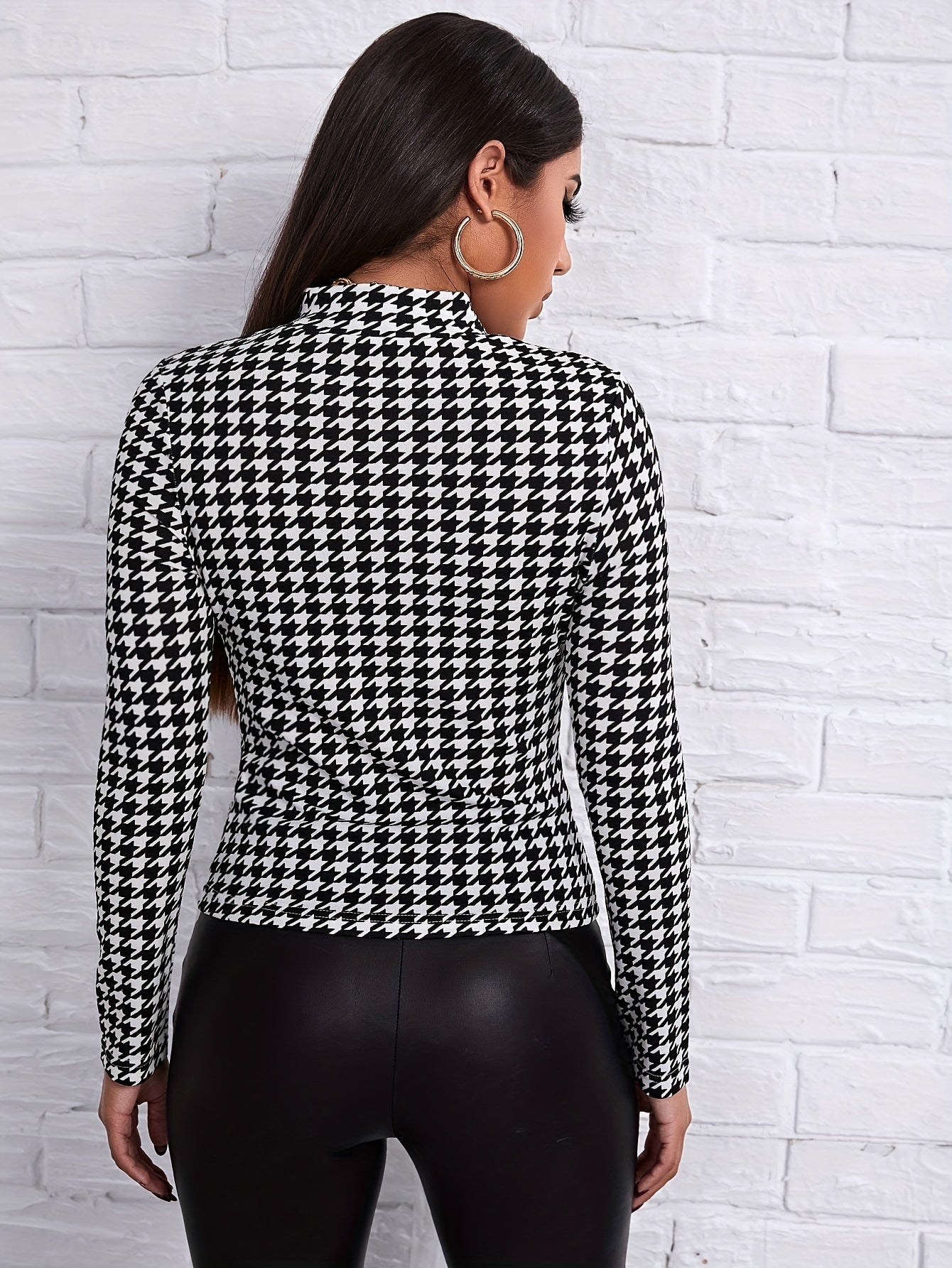 Houndstooth Print Mock Neck T-Shirt, Casual Long Sleeve Slim T-Shirt For Spring & Fall, Women's Clothing