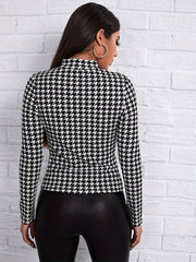 Houndstooth Print Mock Neck T-Shirt, Casual Long Sleeve Slim T-Shirt For Spring & Fall, Women's Clothing