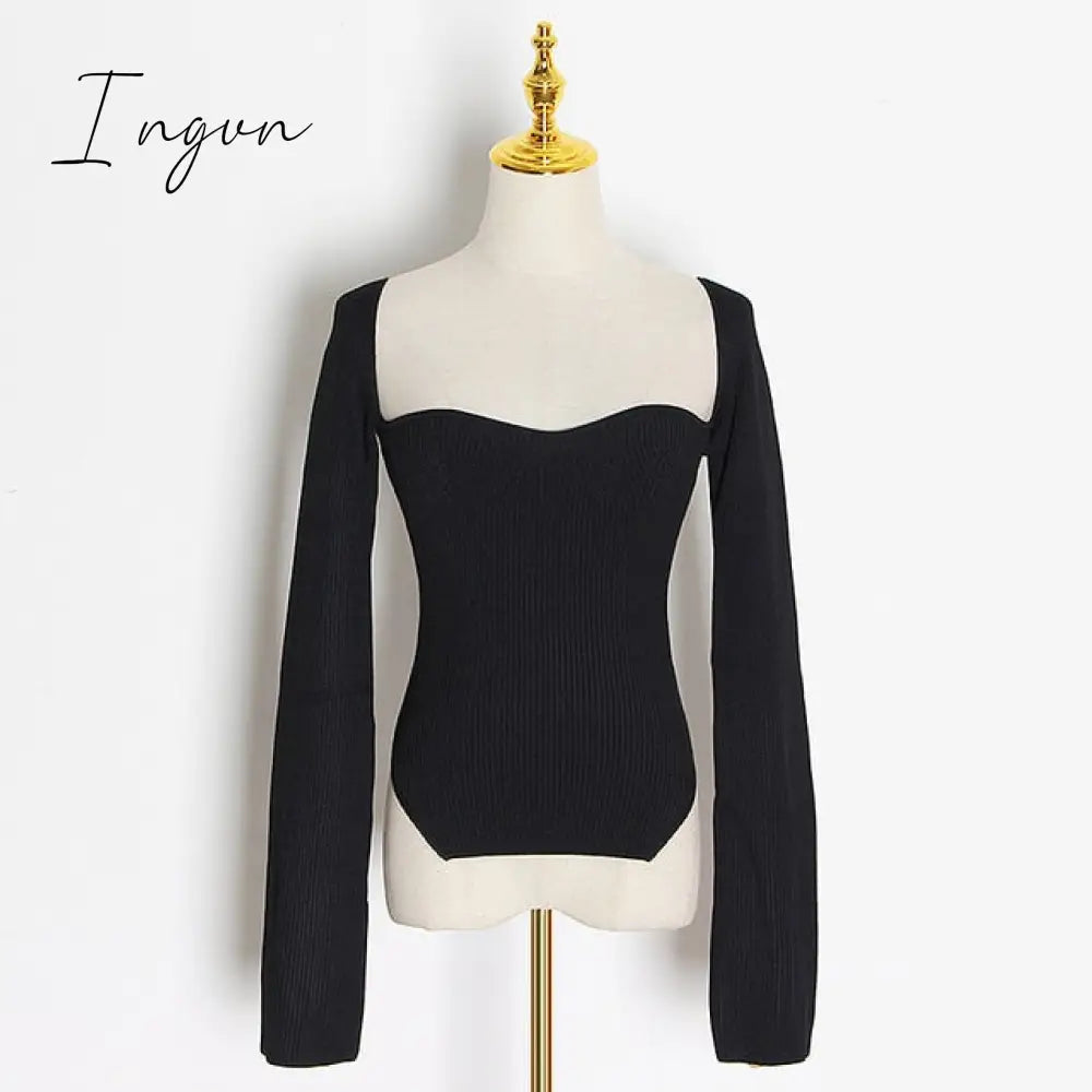 Ingvn - White Side Split Knitted Women's Sweater Square Collar Long Sleeve Sweaters Female Autumn Fashion New Clothes