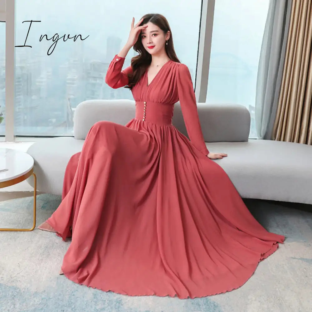 Ingvn - Vintage Elegant Solid Women's Party Chiffon High Quality V-Neck Slim Female Long Sleeve Autumn Vestidos Long Dresses Robe