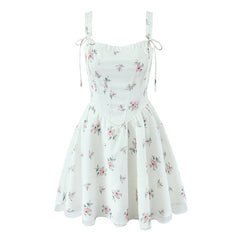 Sweet Girl Floral Print Princess Mini Dress Women Sexy Sleeveless Low Waist A-line Elegant Princess Dress Croset Tie Robe