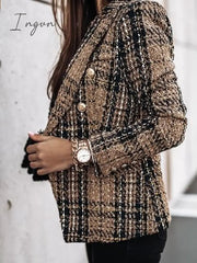 Ingvn - Women's Blazer Tweed Plaid Long Sleeve Coat Fall Winter Business Double Breasted Regular Jacket Green Brown XL 2XL 3XL