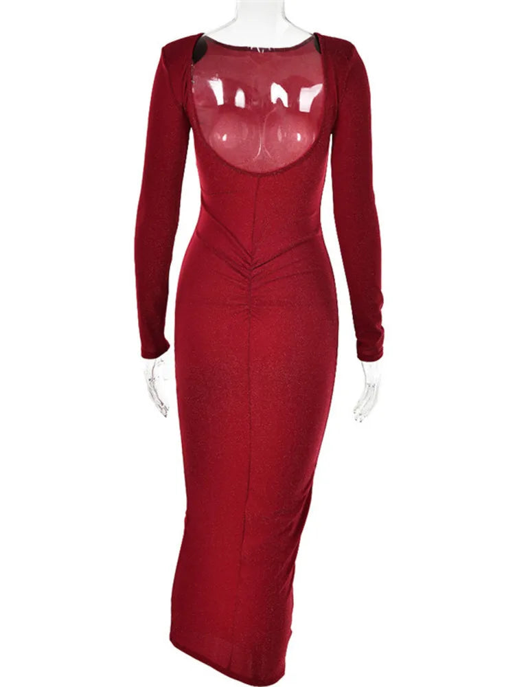 Glitter Backless Ruched Midi Dress For Women Robe New Full Sleeve Bodycon Shiny Party Long Dress Vestido