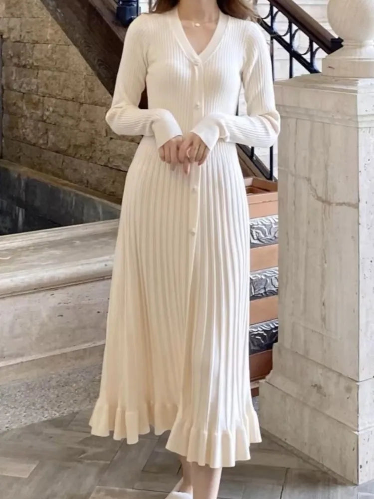 Solid Knitted Dresses for Women Autumn Long Sleeves V-neck Single Breasted Pleated Ruffles Casual Korean Fashion Female Clothing