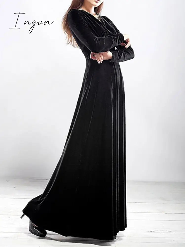 Ingvn - Women‘s Party Dress Wedding Guest Dress Velvet Dress Long Dress Maxi Dress Black Wine Royal Blue Long Sleeve Pure Color Ruched Fall Spring V Neck Fashion Party Winter Dress Evening Party 2023 S M L XL