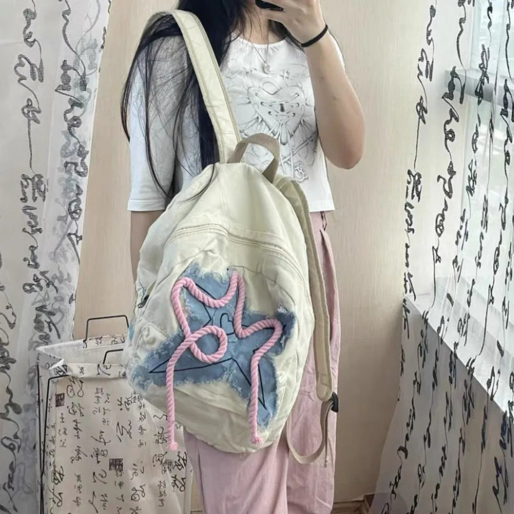 Ingvn  Women Y2K Exquisite Sweet Fresh Panelled Handle Satchel Denim Student Preppy Style Literary Backpacks Star Canvas Shoulder Bags