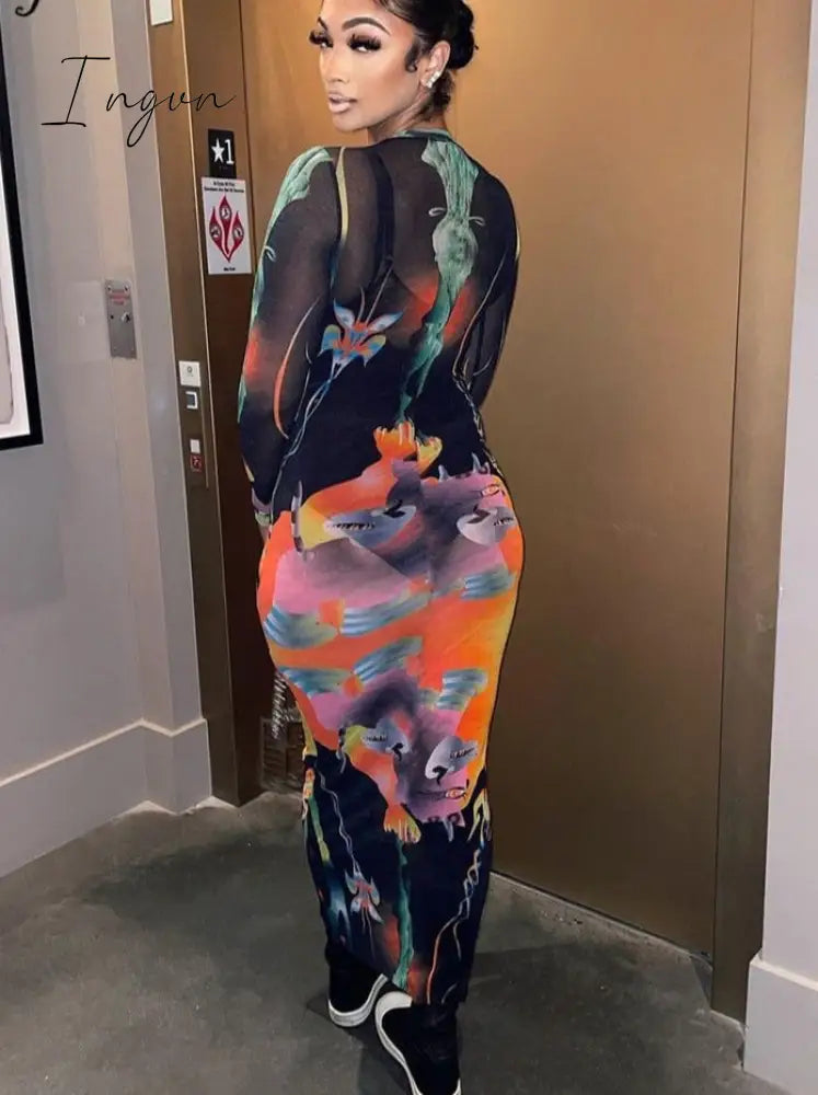 Ingvn - Print Long Sleeves Graphic Patchwork Sexy Slim Maxi Prom Dress Fall Women New Casual Streetwear Party Y2K Clothes