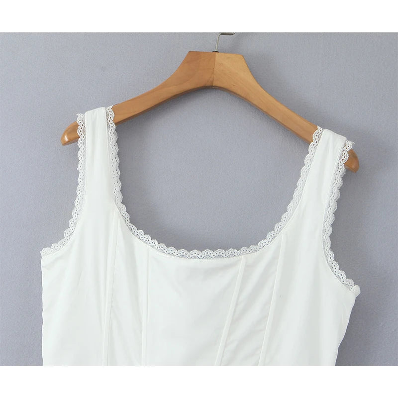 Elegant Women Sexy Backless O Neck White Tank Dress Pleated Swing Hem A-line Midi Summer Dress Lace Up Sundress Holiday