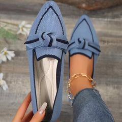 Slimming pointed toe plus size flat single-layer shoes for women fashionable flying woven slip-on bow casual breathable color matching single