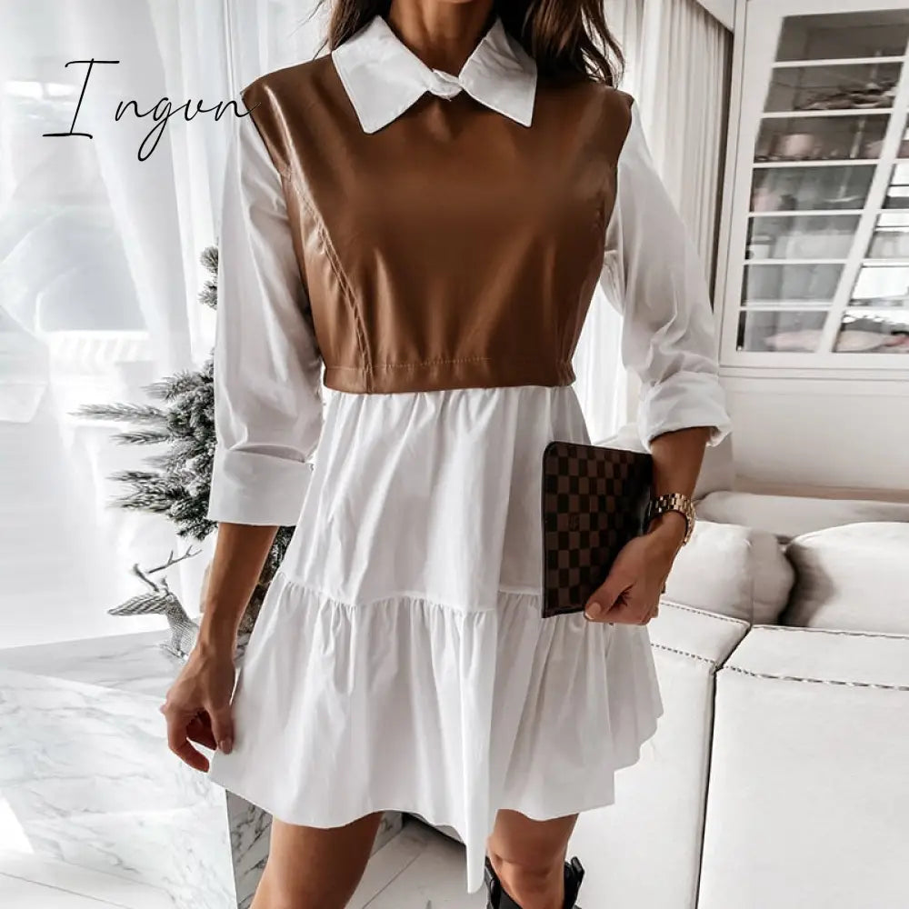 Ingvn - Sexy Stand Collar Print Zipper Long Sleeves Mini Dress Casual Autumn Winter Fashion Pocket Pu Leather Dress Elegant Slim Dresses