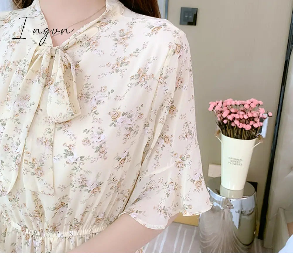 Ingvn - Women Mini Dress Spring New V-neck Floral Chiffon Dress High Waist Flare Sleeve Female Dress Woman's Dress KarolyiDora KA88