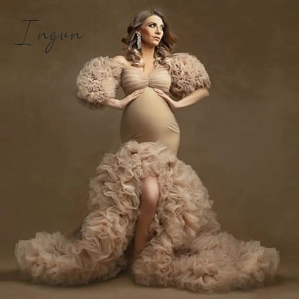 Ingvn - Floral Ruffled Bridal Maternity Dresses Sexy Slit Puffy Sleeve Elastic Custom Made Women Mermaid Party Dresses Plus Size