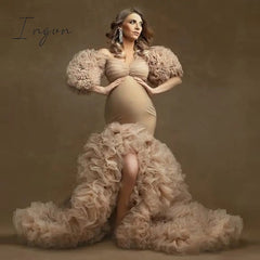 Ingvn - Floral Ruffled Bridal Maternity Dresses Sexy Slit Puffy Sleeve Elastic Custom Made Women Mermaid Party Dresses Plus Size