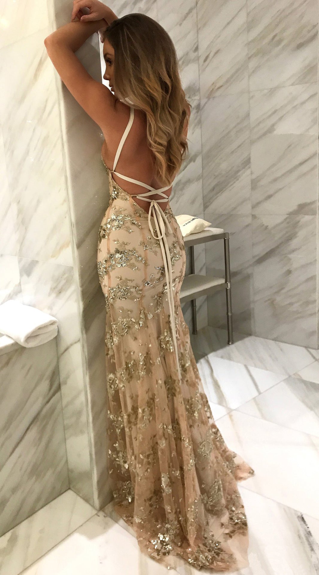 Women's  Dress Strap V-Neck Backless Sequin Lace-up Dress