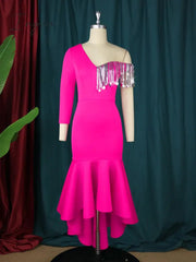 Ingvn - Party Wear Maxi Dresses for Women One Shoulder Sequins Tassel Pink High Low Mermaid Formal Evening Wedding Guest Gown 4XL